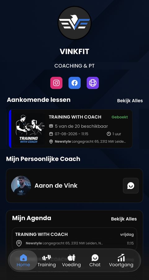 Homescherm van de VINKFIT-app